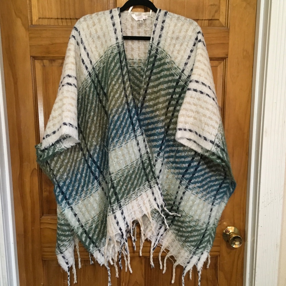 Lauren Conrad Womens Plaid Poncho Open Front Fringe Hem One Size Green Beige